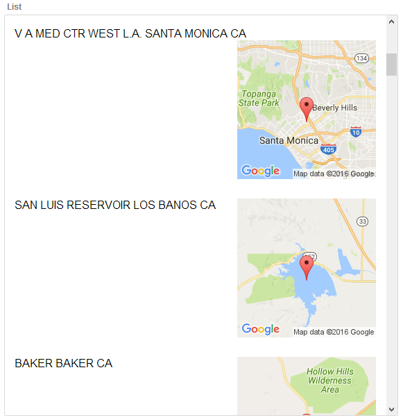 A list control with a static google map in each row based on geographic data.